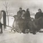 Dorosłe osoby siedzą na saniach, które ciągnie koń. Fotografia zrobiona zimą.