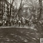 Fotografia przedstawia ludzi idących z flagami w pochodzie. Po bokach widzowie, kamienice i drzewa.