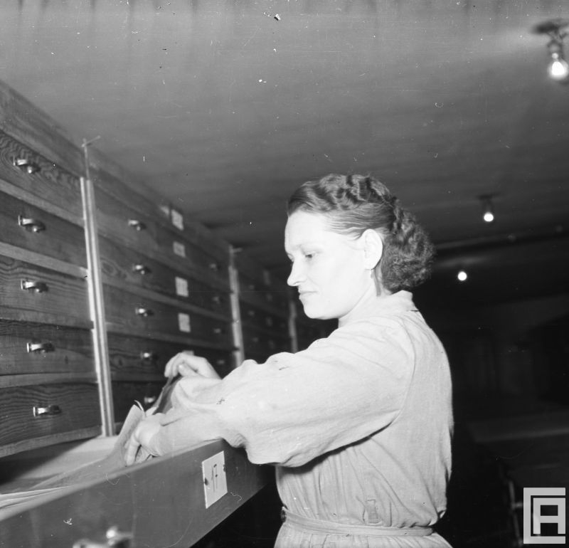 Fotografia przedstawia kobietę wkładającą dokumenty do jednej z drewnianych szufladek - numer 17.