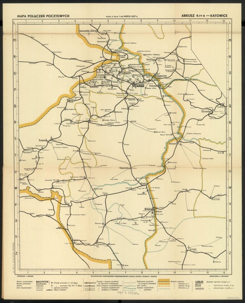 Fotografia przedstawia mapę połączeń pocztowych w okolicy Katowic w 1937 roku.